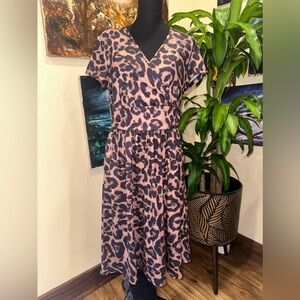 NWT Ouges Women's Animal Print Faux Wrap Band Waist Brown Cocktail Dress Sz L